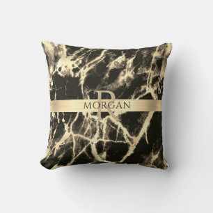 Black & Gold Marble, Gold Stripe, Name & Monogram Throw Pillow