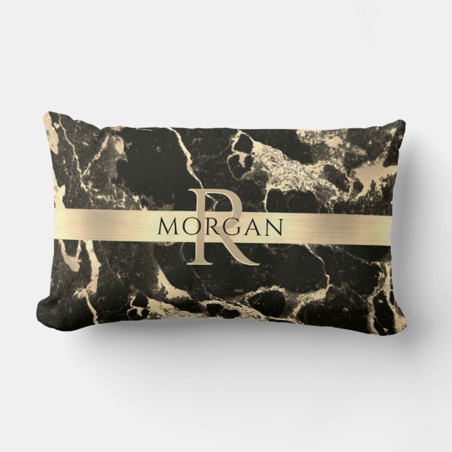 Black+Gold Marble, Gold Stripe, Name+Monogram, Vs2 Lumbar Pillow (Front)