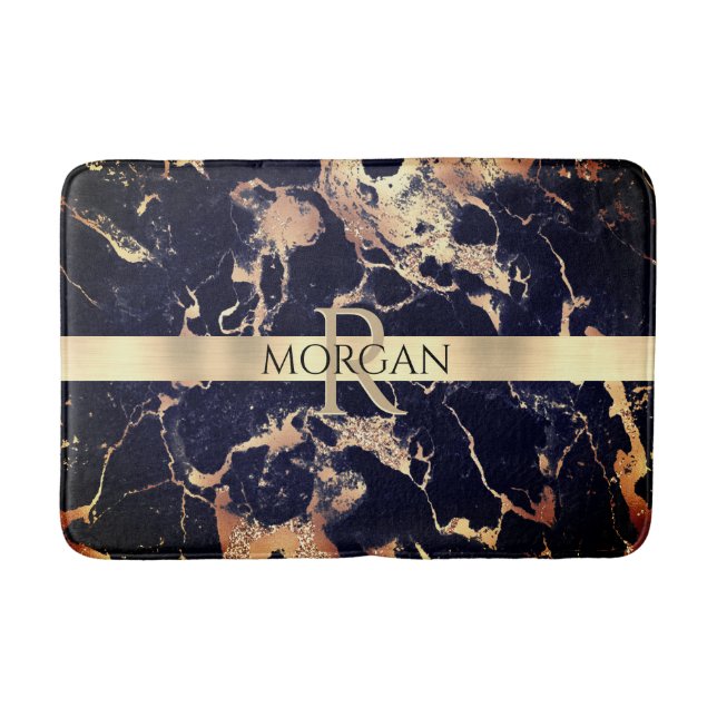 Black+Gold Marble Lg Gold Stripe Name+Monogram Vs2 Bath Mat (Front)