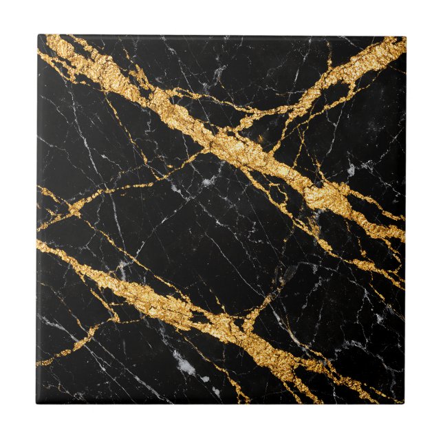 Black Gold Marble Luxe Pattern Ceramic Tile (Front)