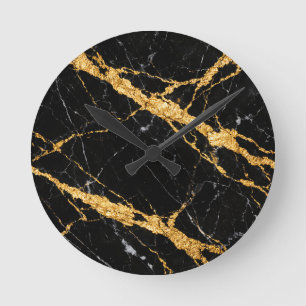 Black Gold Marble Luxe Pattern Round Clock