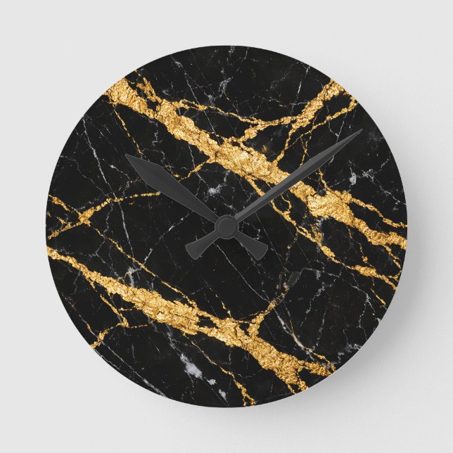 Black Gold Marble Luxe Pattern Round Clock (Front)