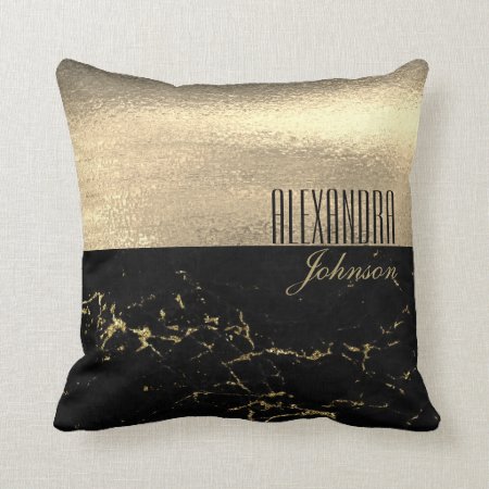 Black Gold Marble Luxury Name Throw Pillow