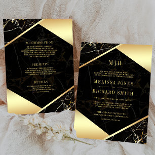 Black Gold Marble Monogram All in One Wedding Invitation