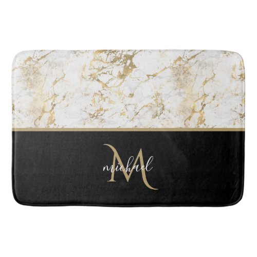Black  Gold  Marble Monogram Elegant Luxury  Bath Mat