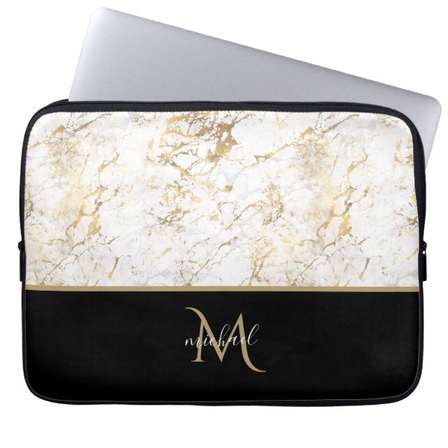 Black  Gold & Marble Monogram Elegant Luxury   Laptop Sleeve (Front)