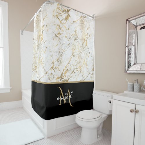 Black  Gold  Marble Monogram Elegant Luxury Shower Curtain