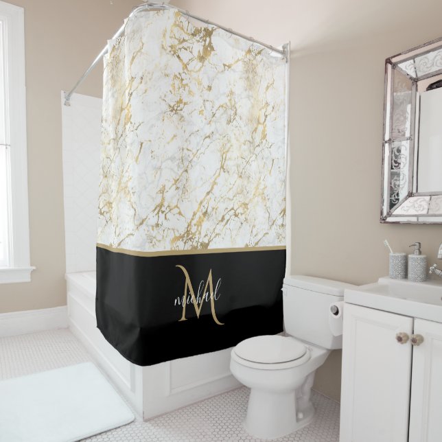 Black  Gold & Marble Monogram Elegant Luxury Shower Curtain (In Situ)