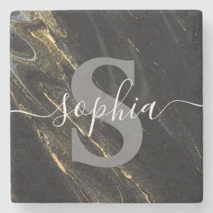 Black Gold Marble Monogram Script Initial Custom Stone Coaster