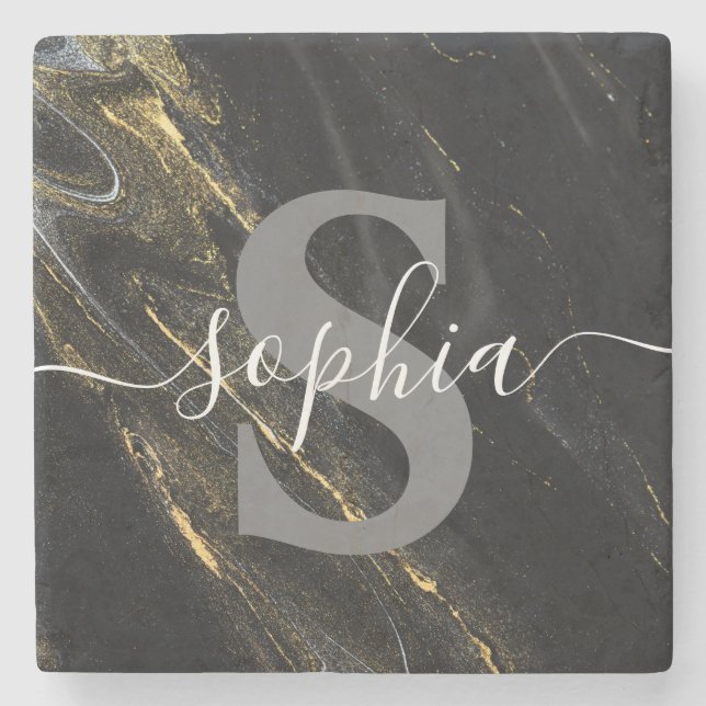 Black Gold Marble Monogram Script Initial Custom Stone Coaster (Front)