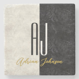 Black Gold Marble Monogram Stone Coaster