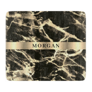 Black & Gold Marble, Name on Gold Band Cutting Board