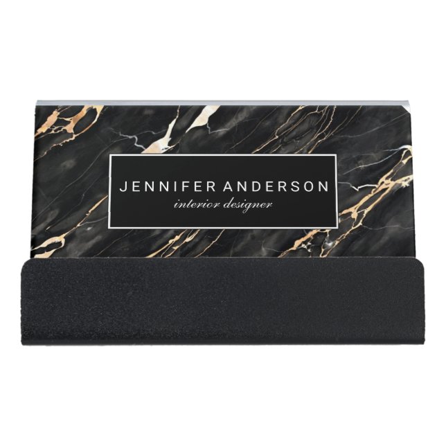 Black Gold Marble Pattern Personalized Desk Business Card Holder (Front)
