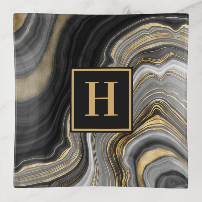 Black Gold Marble Pattern with custom Monogram Thr Trinket Tray (Front)