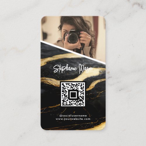 Black Gold Marble Photo QR Code Modern Photography Business Card