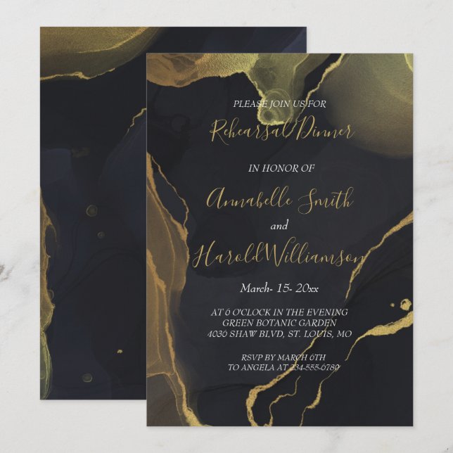 black & Gold Marble   Rehearsal Dinner Invitation (Front/Back)