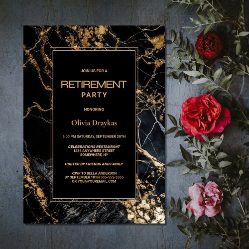 Black Gold Marble Retirement Party Invitation