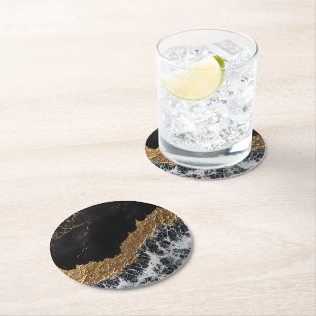 Black Gold Marble Round Paper Coaster (Insitu)
