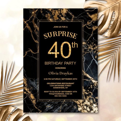 Black Gold Marble Surprise 40th Birthday Party Invitation