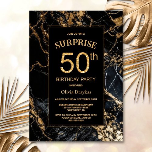 Black Gold Marble Surprise 50th Birthday Party Invitation