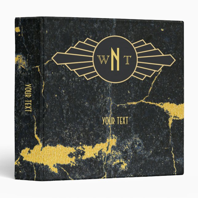 Black Gold Marble Three Letter Monogram Art Deco 3 Ring Binder (Front/Spine)