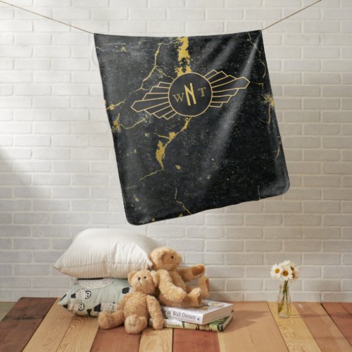 Black Gold Marble Three Letter Monogram Art Deco Baby Blanket