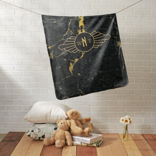 Black Gold Marble Three Letter Monogram Art Deco Baby Blanket (In Situ)
