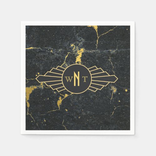 Black Gold Marble Three Letter Monogram Art Deco Napkins