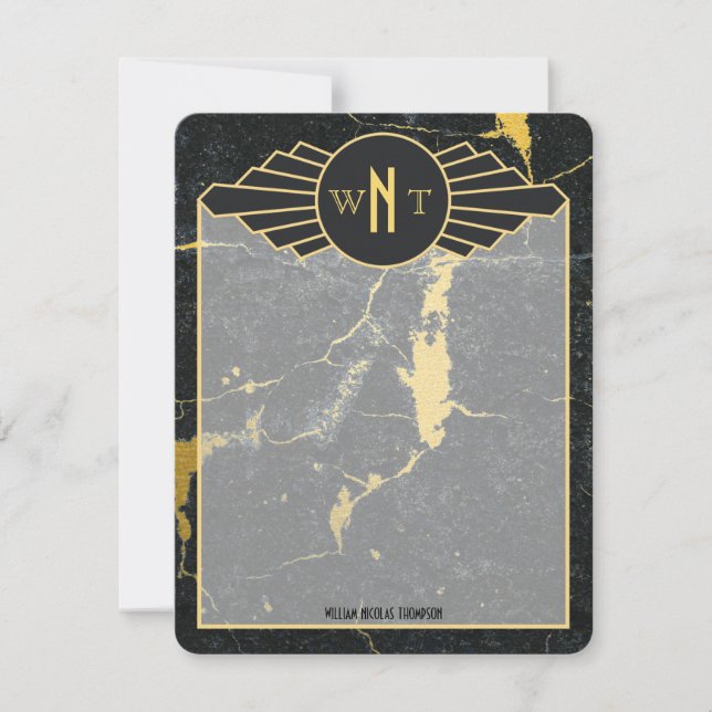 Black Gold Marble Three Letter Monogram Art Deco Note Card (Front)