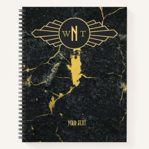 Black Gold Marble Three Letter Monogram Art Deco Notebook
