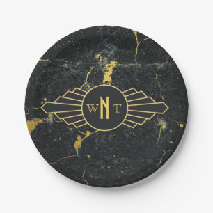 Black Gold Marble Three Letter Monogram Art Deco Paper Plates