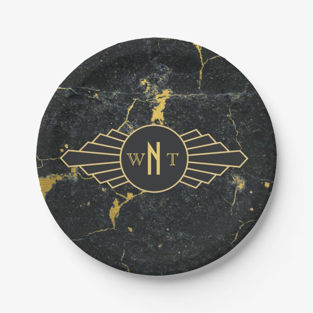 Black Gold Marble Three Letter Monogram Art Deco Paper Plates (Front)