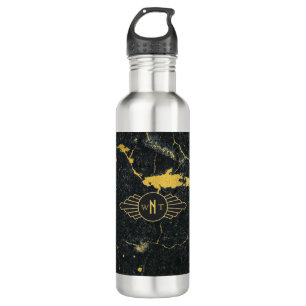 Black Gold Marble Three Letter Monogram Art Deco Stainless Steel Water Bottle