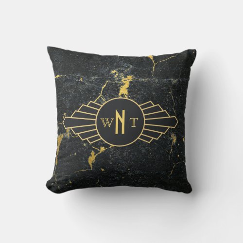 Black Gold Marble Three Letter Monogram Art Deco Throw Pillow