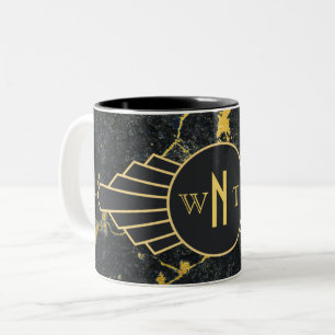Black Gold Marble Three Letter Monogram Art Deco Two-Tone Coffee Mug