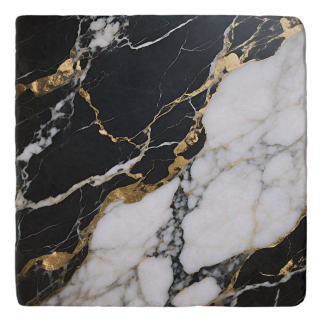 Black Gold Marble Veins Luxury Abstract Trivet (Front)