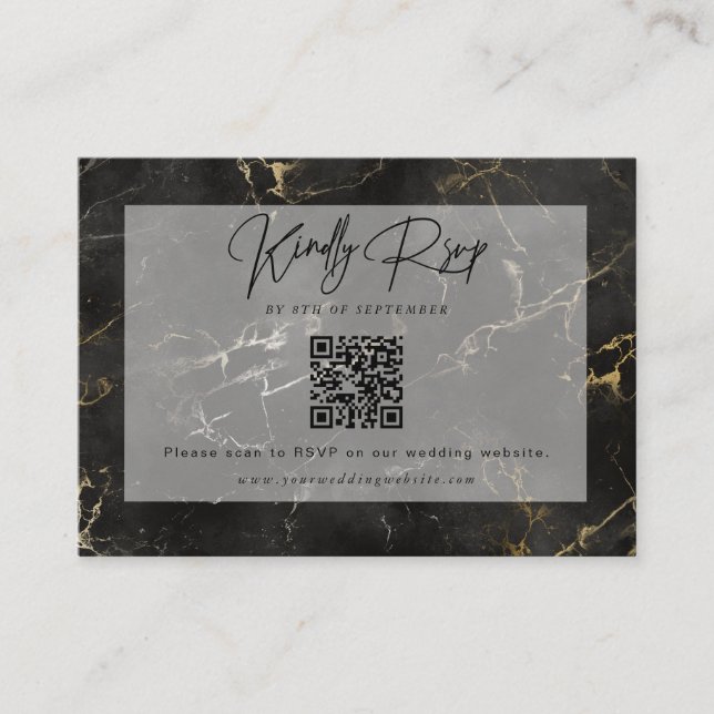 Black gold marble Website RSVP Barcode Enclosure Card (Front)