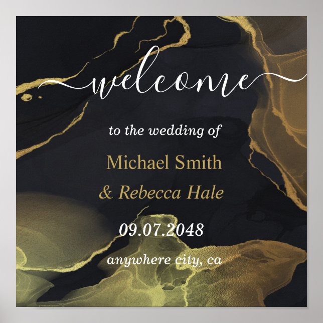 black & Gold Marble  Wedding Welcome Poster (Front)
