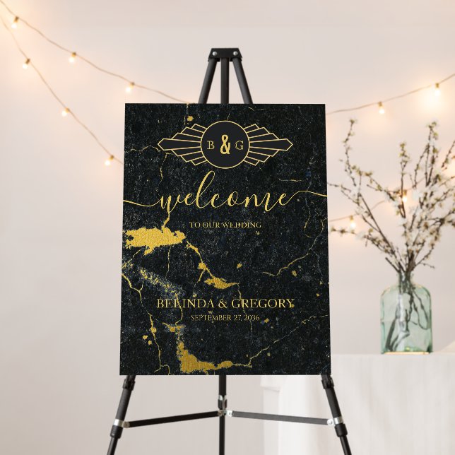 Black Gold Marble Wedding Welcome Sign (In Situ (Stand))