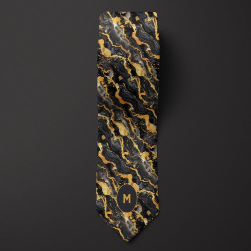 Black  Gold Marbled Monogram Neck Tie