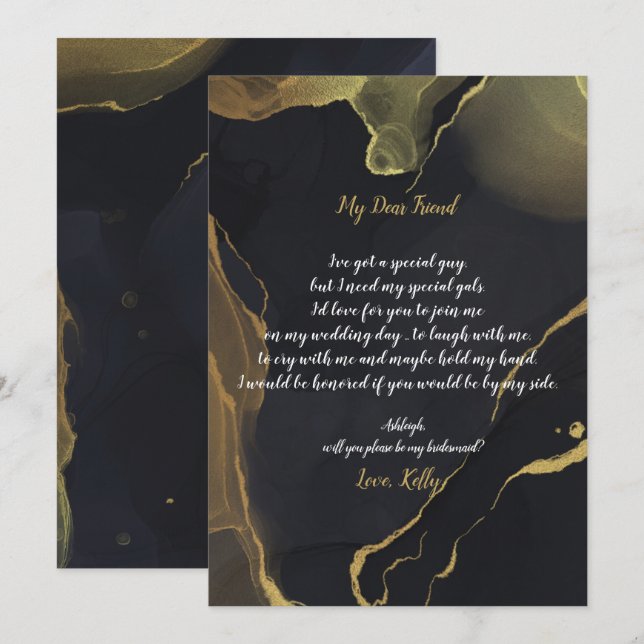 black & Gold Marblwill be my bridesmaid invitation (Front/Back)