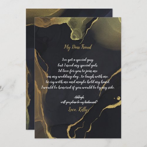 black  Gold Marblwill be my bridesmaid invitation