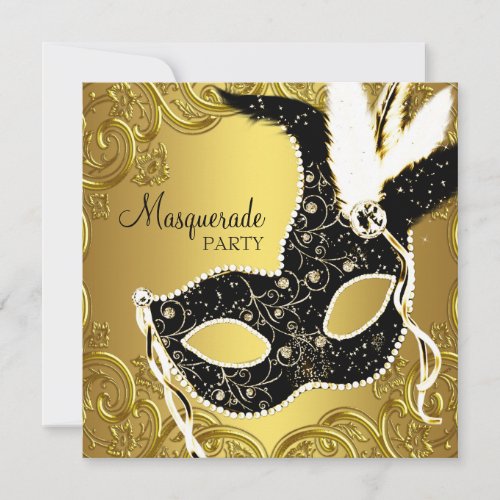 Black Gold Mask Masquerade Ball Party Invitation