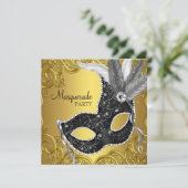 Black Gold Mask Masquerade Party Invitation (Standing Front)