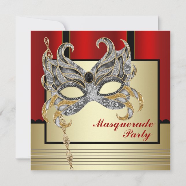 Black Gold Mask Red Black Masquerade Party Invitation (Front)