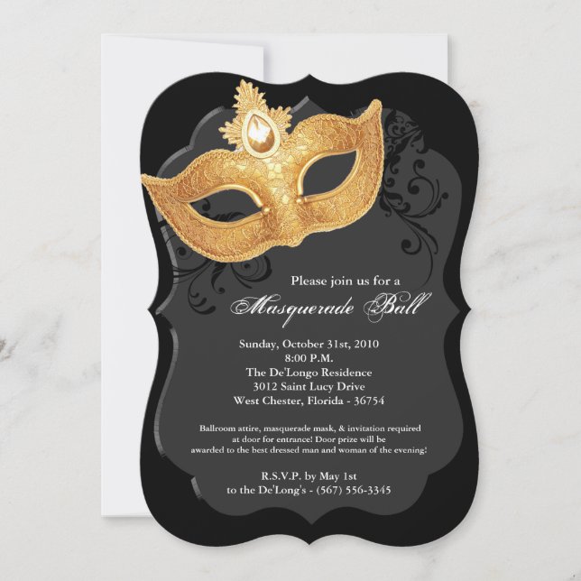 Black gold Masquerade Ball Mask Costume Halloween Invitation (Front)
