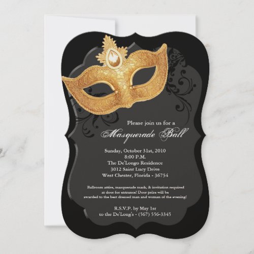 Black gold Masquerade Ball Mask Costume Halloween Invitation