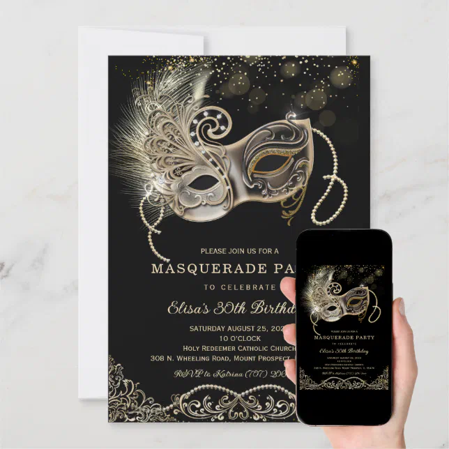 Black Gold Masquerade Birthday Invitation | Zazzle