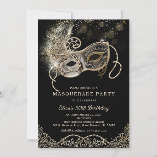 Black Gold Masquerade Birthday Invitation