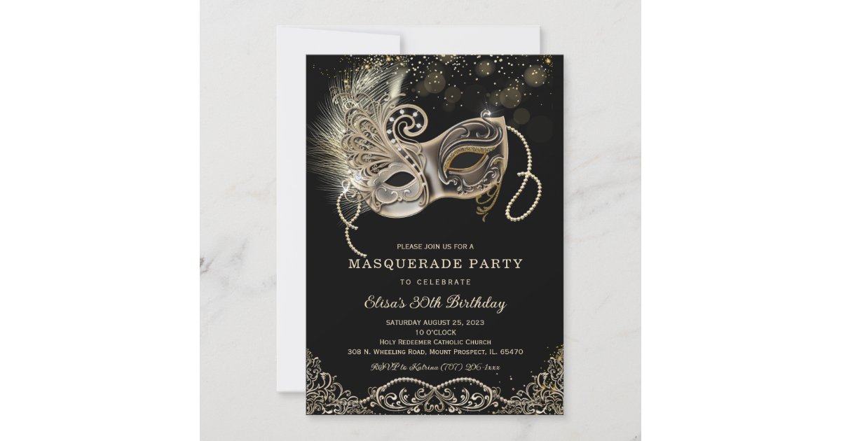 Black Gold Masquerade Birthday Invitation | Zazzle
